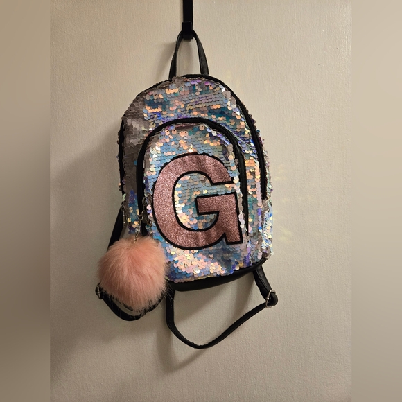 Justice Girls Mini Backpack Flip Sequin with Initial G, Silver & Pink Pom Pom - Picture 6 of 10